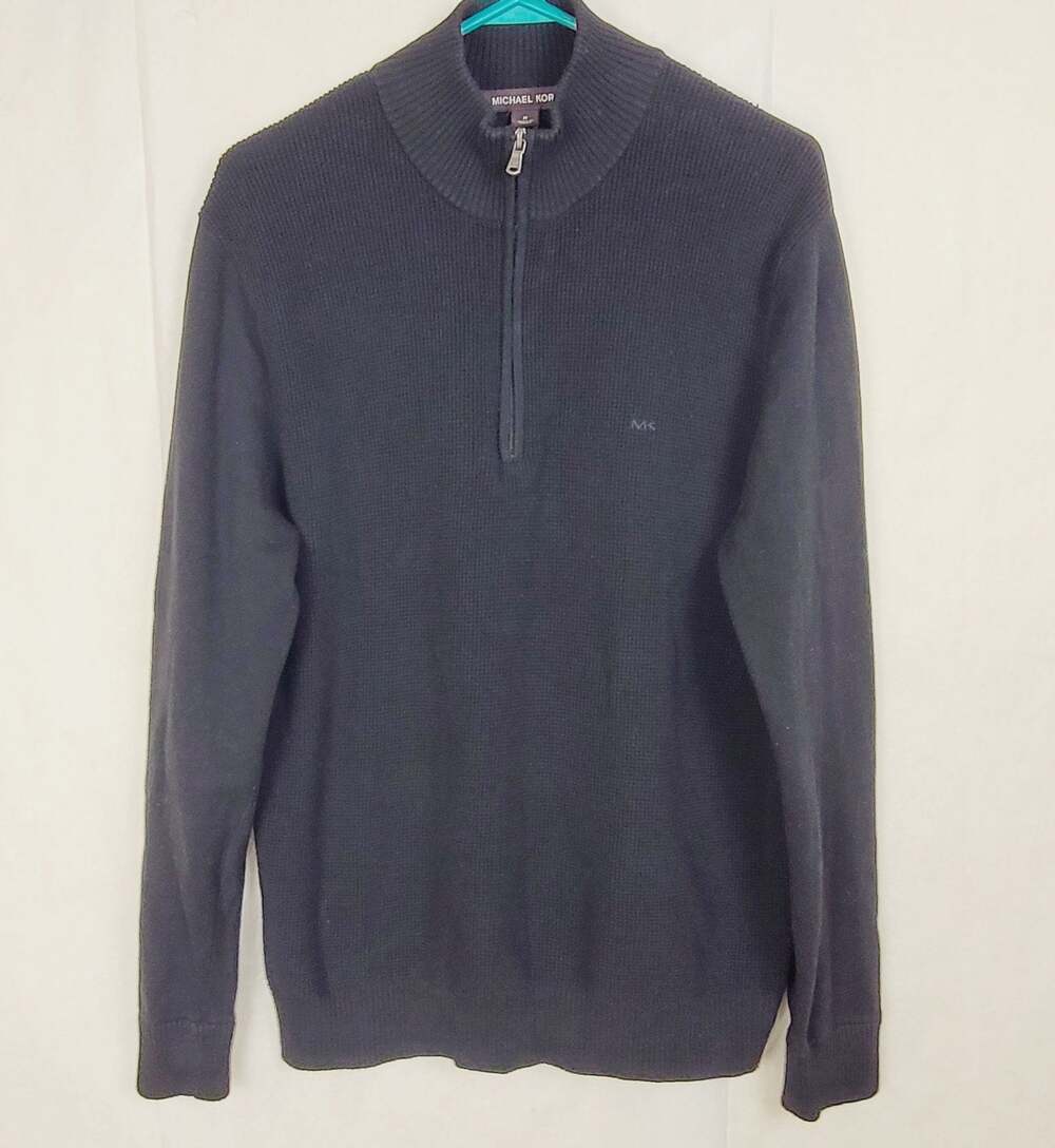 Michael Kors black waffle knit quarter zip thermal top Size Med Preppy Minimal